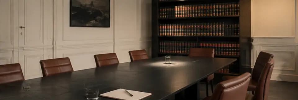 Salle de réunion sobre avec table et bibliothèque.